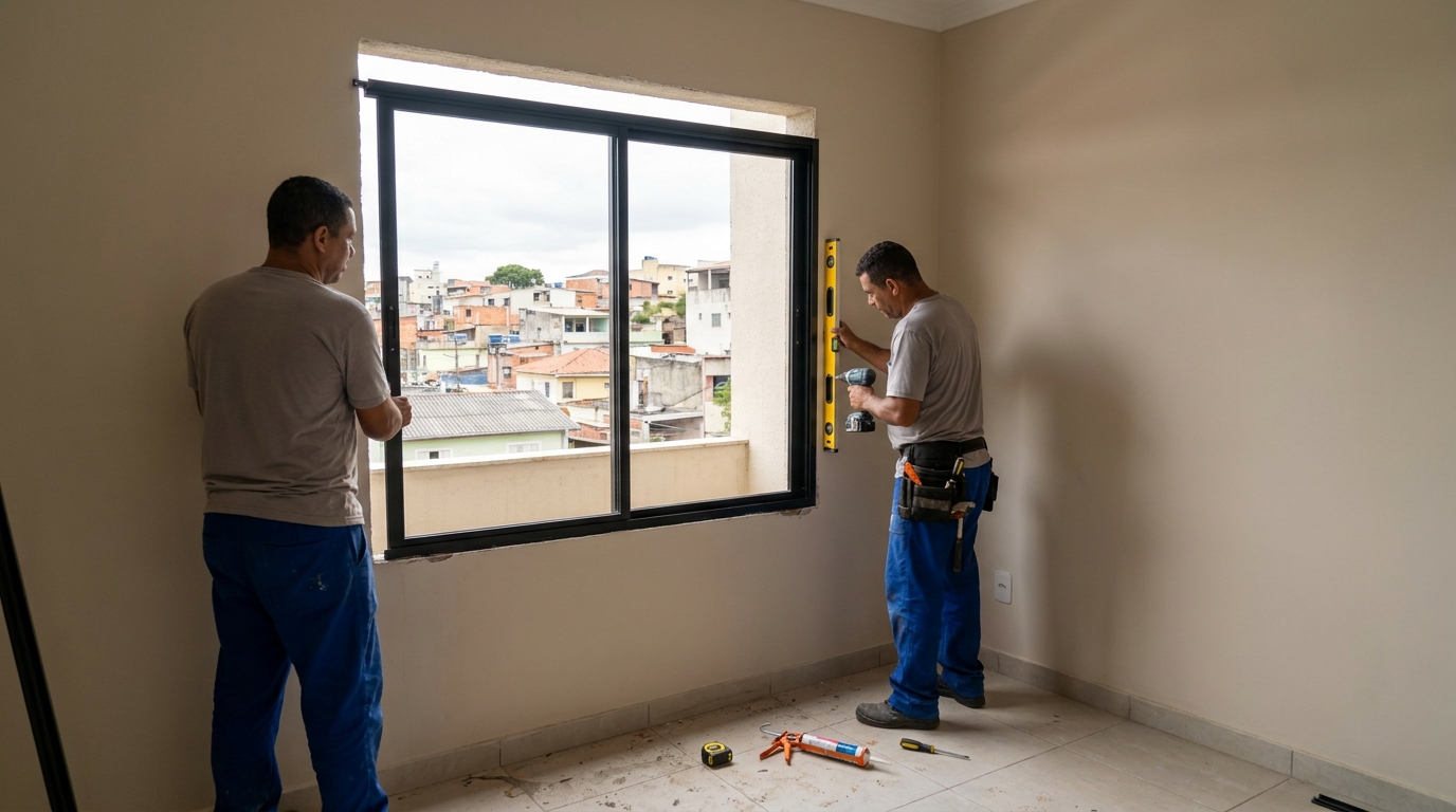 Esquadria de alumínio em quarto bege em Santa Maria-RS