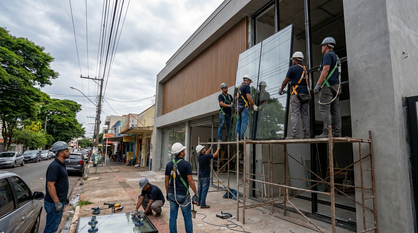 Fachada de vidro com andaime lateral em Santa Maria-RS