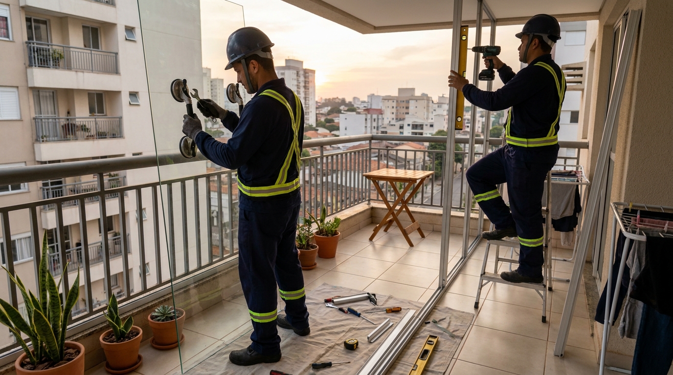 Instalação de parede de vidro em sacada em Santa Maria-RS