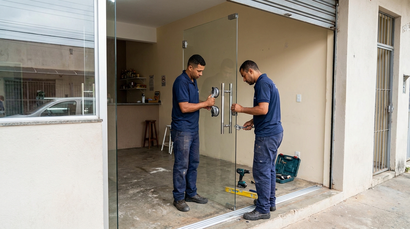 Dupla instalando porta de vidro em loja em Santa Maria-RS
